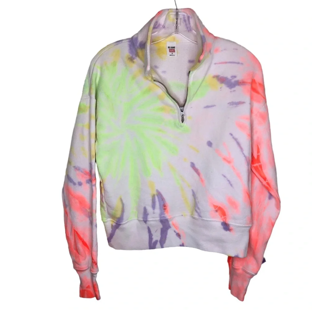 RE/DONE x Hanes 70s Tie-dyed Cotton-Jersey Quarter Zip Sweatshirt - Picture 2 of 8